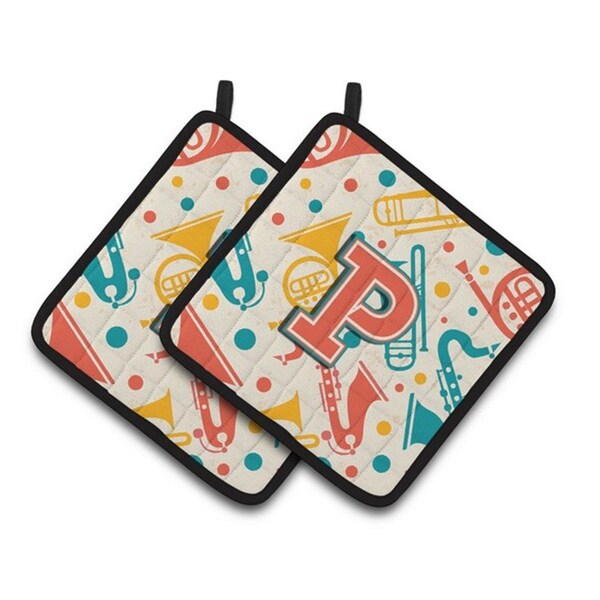 Carolines Treasures Letter P Retro Teal Orange Musical Instruments Initial Pair of Pot Holders, 7.5 x 3 x 7.5 in. - CJ2001-PPTHD