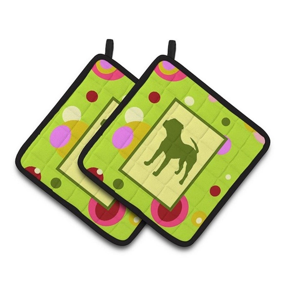 Carolines Treasures Lime Green Dots Pit Bull Pair of Pot Holders, 7.5 x 3 x 7.5 in. - CK1153PTHD