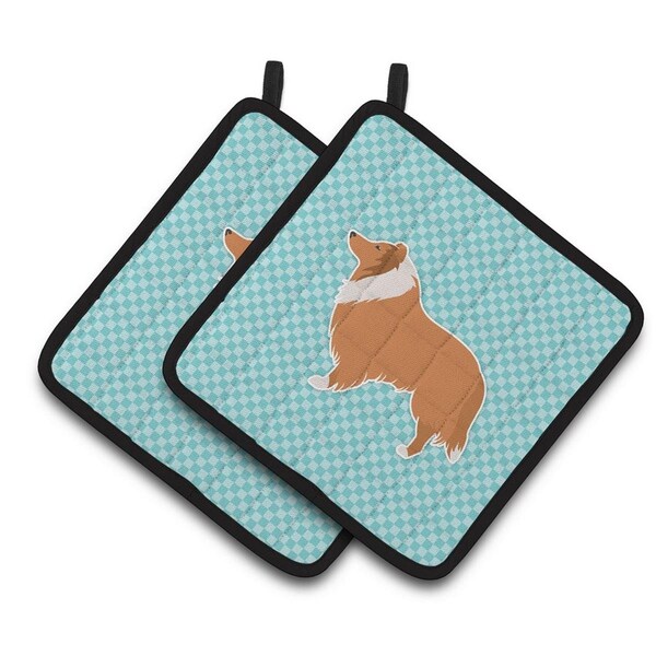 Carolines Treasures Collie Checkerboard Blue Pair of Pot Holders - BB3716PTHD