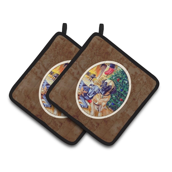 Carolines Treasures Fawn & Blue Great Dane Waiting on Christmas Pair of Pot Holders - 7111PTHD