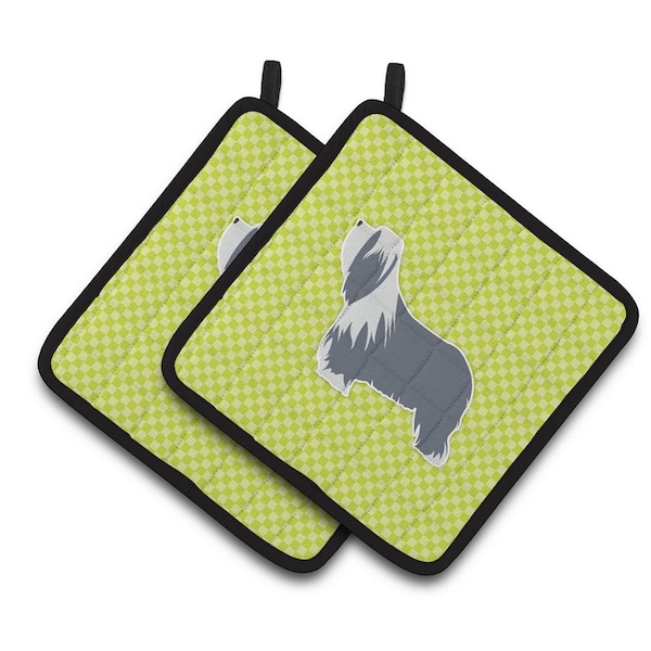 Carolines Treasures Bearded Collie Checkerboard Green Pair of Pot Holders - BB3817PTHD