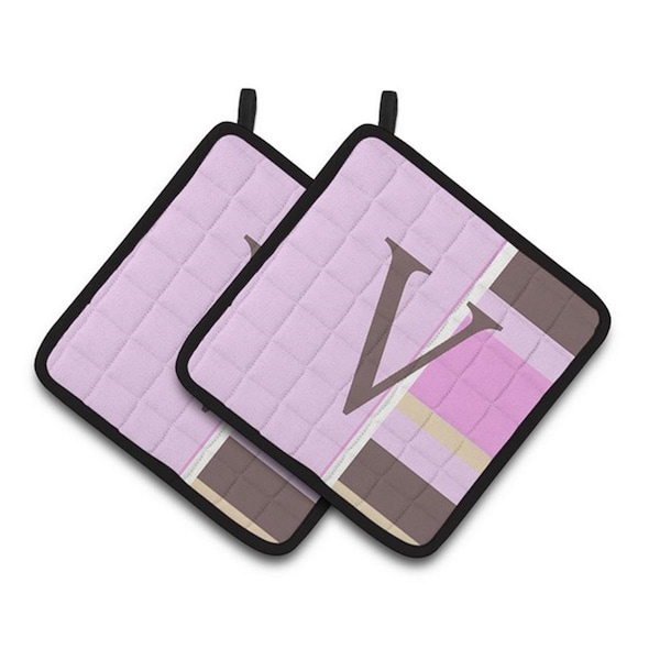 Carolines Treasures Letter V Initial Monogram - Pink Stripes Pair of Pot Holders, 7.5 x 3 x 7.5 in. - CJ1005-VPTHD