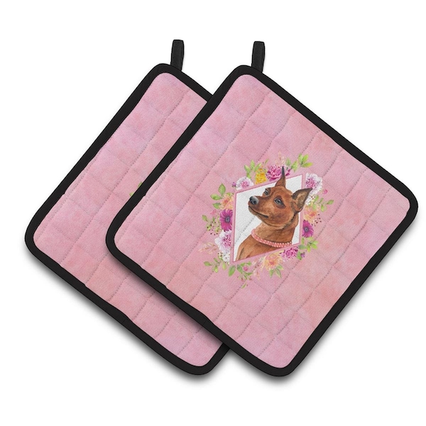 Carolines Treasures 7.5 x 7.5 in. Miniature Pinscher Pink Flowers Pair of Pot Holders - CK4161PTHD