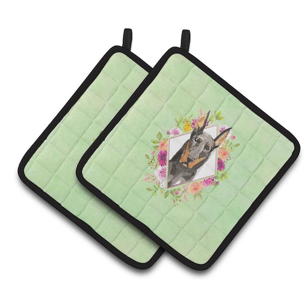 Carolines Treasures 7.5 x 7.5 in. Doberman Pinsher Green Flowers Pair of Pot Holders - CK4401PTHD