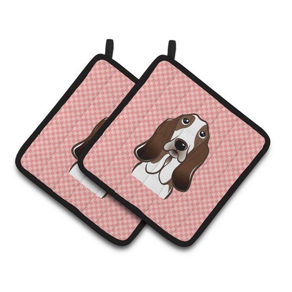 Carolines Treasures Checkerboard Pink Basset Hound Pair of Pot Holders, 7.5 x 3 x 7.5 in. - BB1243PTHD