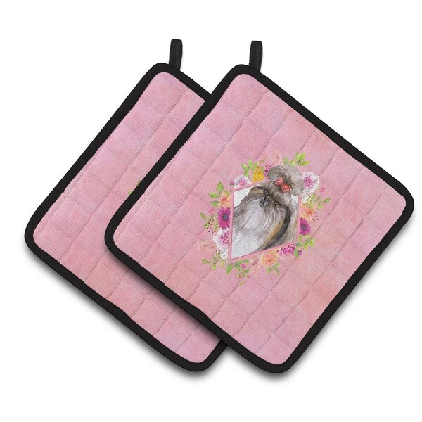 Carolines Treasures 7.5 x 7.5 in. Shih Tzu Pink Flowers Pair of Pot Holders - CK4184PTHD
