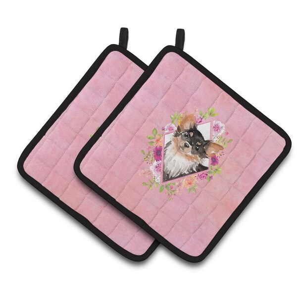 Carolines Treasures 7.5 x 7.5 in. Longhaired Chihuahua Pink Flowers Pair of Pot Holders - CK4225PTHD