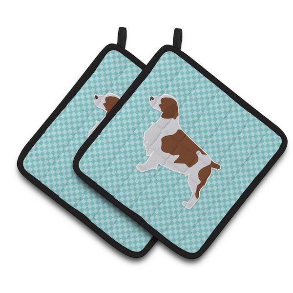 Carolines Treasures Welsh Springer Spaniel Checkerboard Blue Pair of Pot Holders - BB3700PTHD