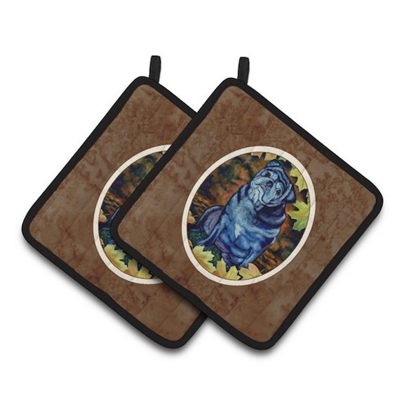 Carolines Treasures Old Black Pug in Fall Leaves Pair of Pot Holders, 7.5 x 3 x 7.5 in. - 7159PTHD