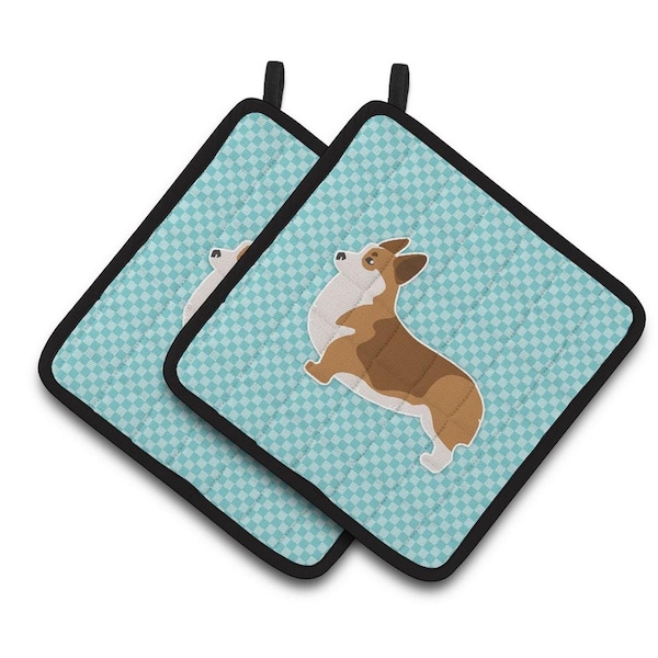 Carolines Treasures Corgi Checkerboard Blue Pair of Pot Holders - BB3720PTHD