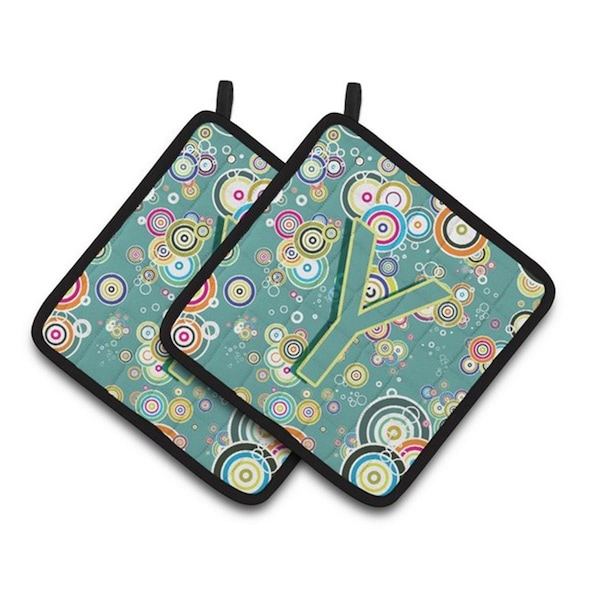 Carolines Treasures Letter Y Circle Circle Teal Initial Alphabet Pair of Pot Holders, 7.5 x 3 x 7.5 in. - CJ2015-YPTHD