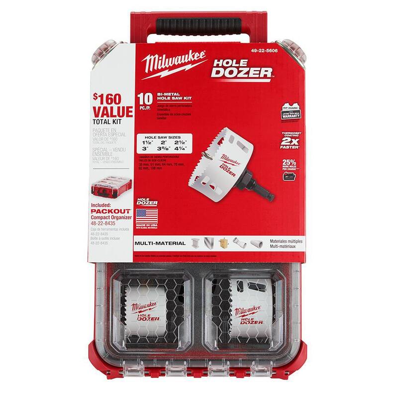 Juego de sierra de corona de carburo Milwaukee BIG HAWG y sierra de corona de uso general de bi-metal con estuches PACKOUT (19 piezas) - 49-56-9295-49-22-5606