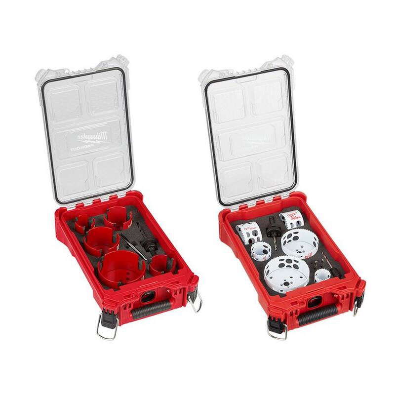 Juego de sierra de corona de carburo Milwaukee BIG HAWG y sierra de corona de uso general de bi-metal con estuches PACKOUT (19 piezas) - 49-56-9295-49-22-5606