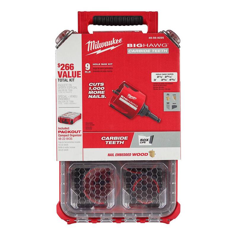 Juego de sierra de corona de carburo Milwaukee BIG HAWG y sierra de corona de uso general de bi-metal con estuches PACKOUT (19 piezas) - 49-56-9295-49-22-5606