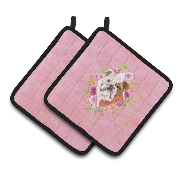 Carolines Treasures 7.5 x 7.5 in. English Bulldog Pink Flowers Pair of Pot Holders - CK4240PTHD