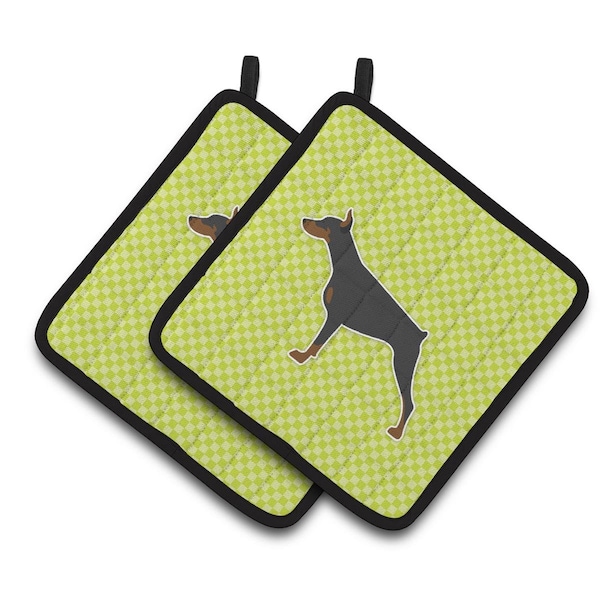 Carolines Treasures Doberman Pinscher Checkerboard Green Pair of Pot Holders - BB3860PTHD