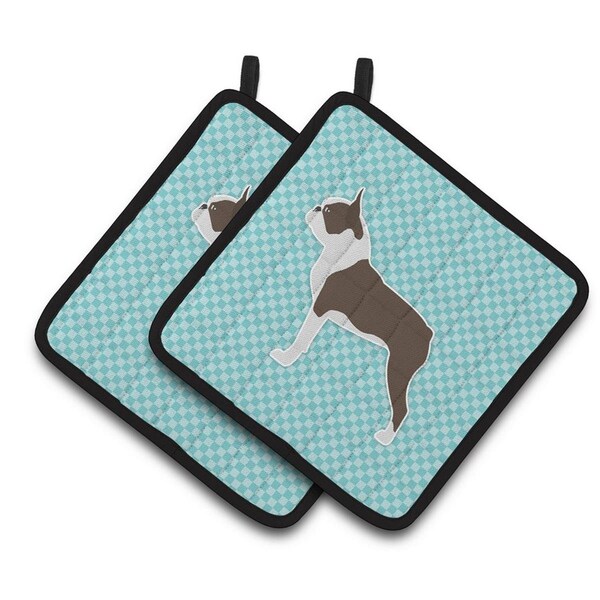 Carolines Treasures Boston Terrier Checkerboard Blue Pair of Pot Holders - BB3744PTHD