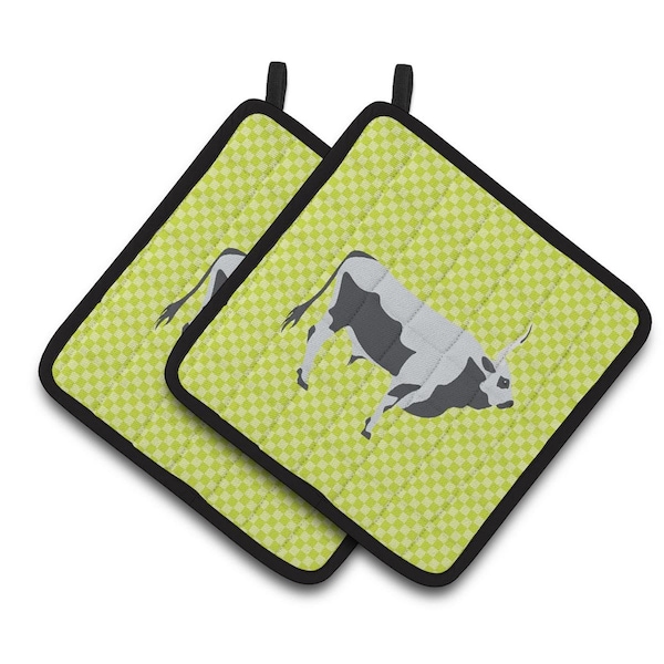 Carolines Treasures Hungarian Grey Steppe Cow Green Pair of Pot Holders - BB7650PTHD