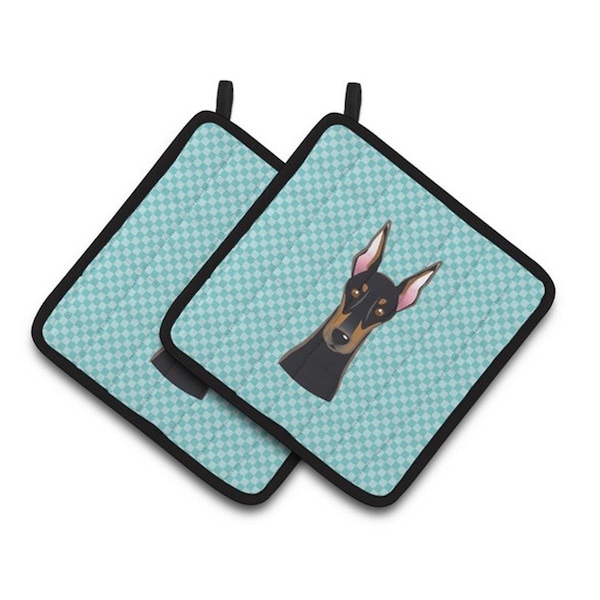 Carolines Treasures Checkerboard Blue Doberman Pair of Pot Holders, 7.5 x 3 x 7.5 in. - BB1183PTHD