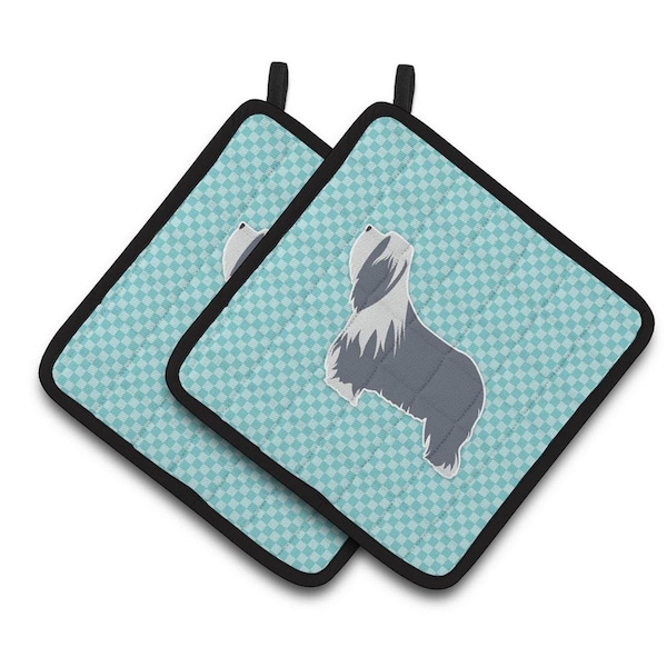 Carolines Treasures Bearded Collie Checkerboard Blue Pair of Pot Holders - BB3717PTHD
