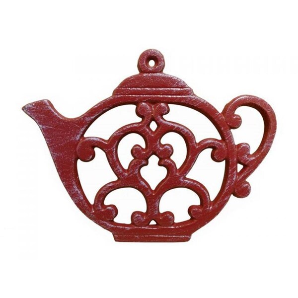 Handcrafted Model Ships Whitewashed Cast Iron Round Teapot Trivet, Rustic Red - 8 in. - K-0705-WW-RED