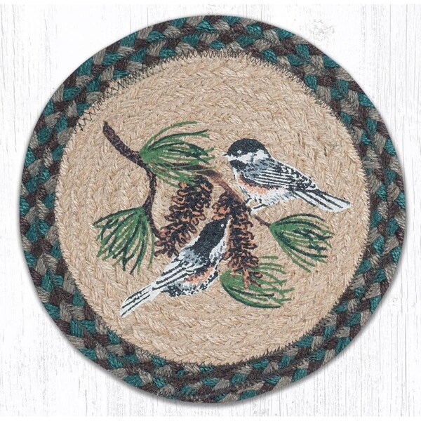 Razoredge 10 in. Jute Round Chickadee Pinecone Printed Trivet - RA2548478