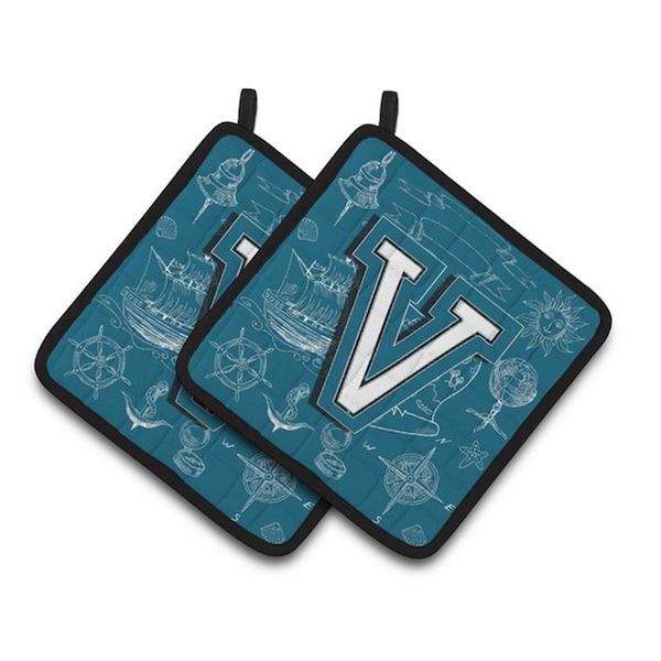 Carolines Treasures Letter V Sea Doodles Initial Alphabet Pair of Pot Holders, 7.5 x 3 x 7.5 in. - CJ2014-VPTHD