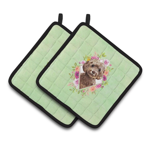 Carolines Treasures 7.5 x 7.5 in. Chocolate Cockapoo Green Flowers Pair of Pot Holders - CK4413PTHD