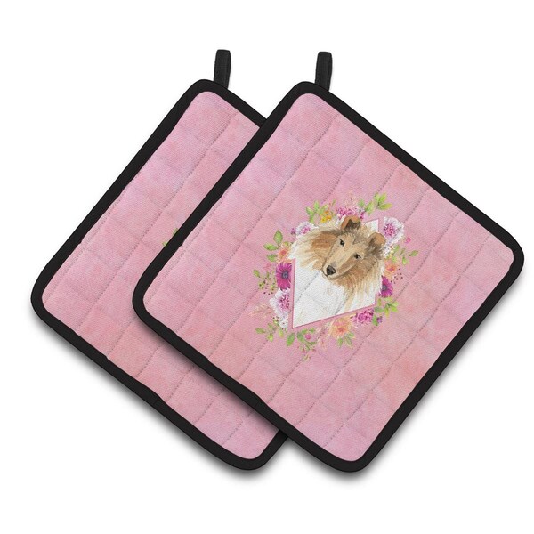 Carolines Treasures 7.5 x 7.5 in. Collie Pink Flowers Pair of Pot Holders - CK4216PTHD
