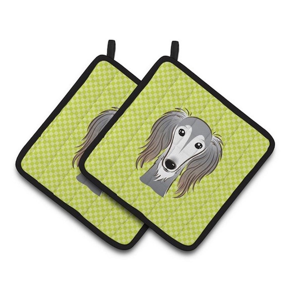 Carolines Treasures Checkerboard Lime Green Saluki Pair of Pot Holders, 7.5 x 3 x 7.5 in. - BB1291PTHD
