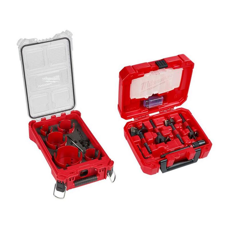 Juego de sierra perforadora de carburo BIG HAWG de Milwaukee con estuche PACKOUT y juego de brocas Plumbers Selfeed SWITCHBLADE (14 piezas) - 49-56-9295-49-22-5100