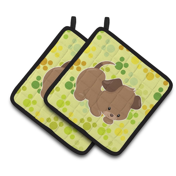 Carolines Treasures Puppy on Green Pawprints Pair of Pot Holders - BB7078PTHD