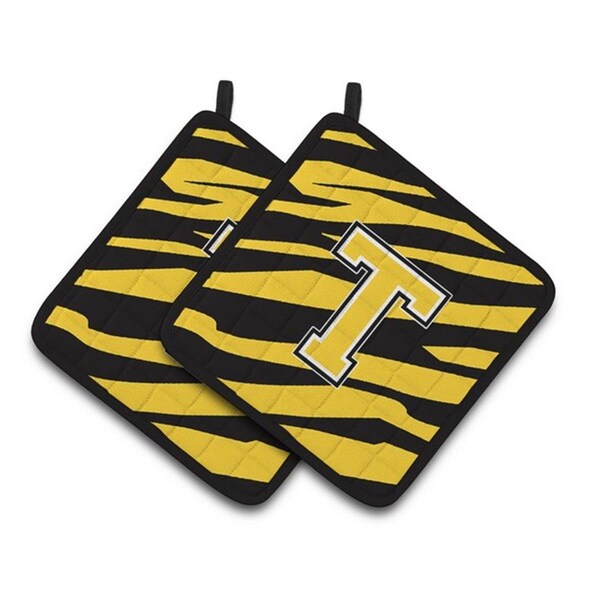 Carolines Treasures Monogram Initial T Tiger Stripe - Black Gold Pair of Pot Holders, 7.5 x 3 x 7.5 in. - CJ1026-TPTHD
