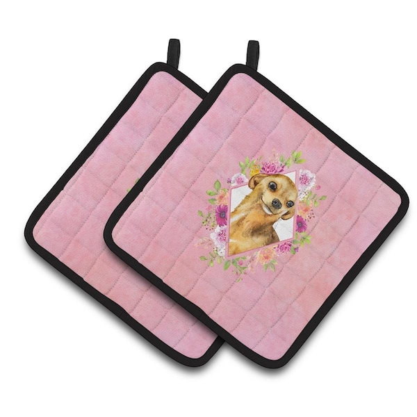 Carolines Treasures 7.5 x 7.5 in. Chihuahua No.1 Pink Flowers Pair of Pot Holders - CK4128PTHD