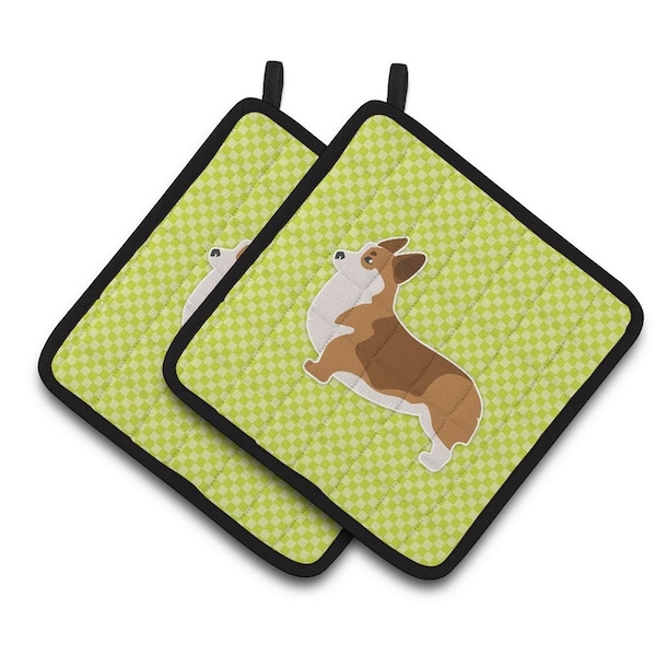 Carolines Treasures Corgi Checkerboard Green Pair of Pot Holders - BB3820PTHD