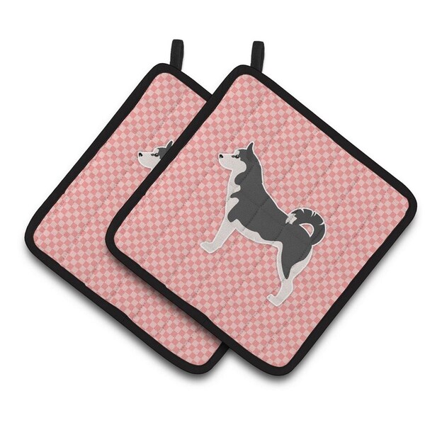 Carolines Treasures Siberian Husky Checkerboard Pink Pair of Pot Holders - BB3680PTHD