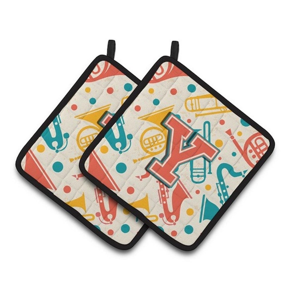 Carolines Treasures Letter Y Retro Teal Orange Musical Instruments Initial Pair of Pot Holders, 7.5 x 3 x 7.5 in. - CJ2001-YPTHD
