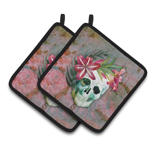 Carolines Treasures Day of the Dead Skull Flowers Pair of Pot Holders - BB5125PTHD