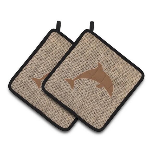 Carolines Treasures Carolines Treasures BB1025-BL-BN-PTHD Dolphin Faux Burlap & Brown Pair of Pot Holders; 7.5 x 3 x 7.5 in. - BB1025-BL-BN-PTHD