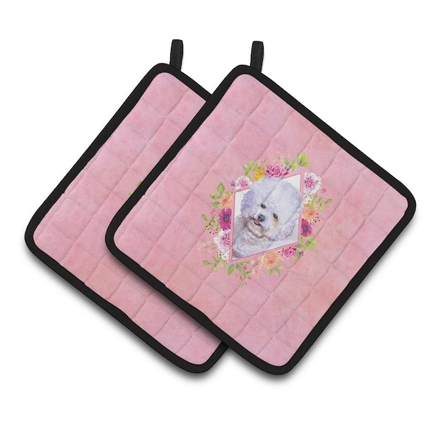 Carolines Treasures 7.5 x 7.5 in. Bichon Frise No.2 Pink Flowers Pair of Pot Holders - CK4120PTHD