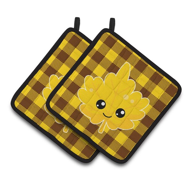 Carolines Treasures Fall Leaf on Gingham Pair of Pot Holders - BB7110PTHD