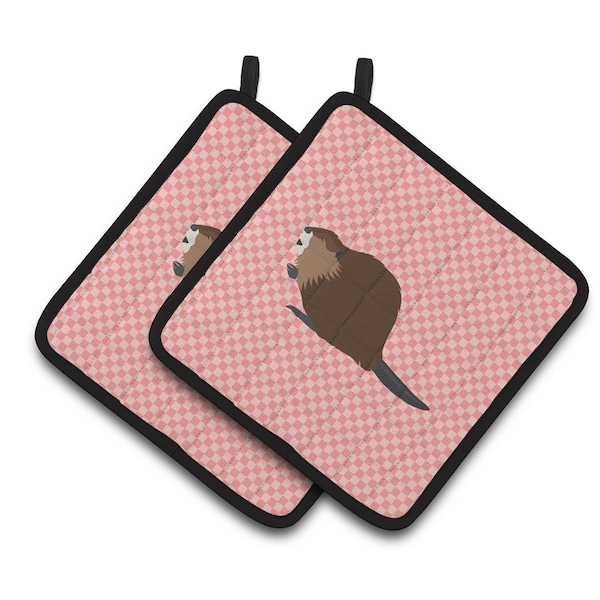 Carolines Treasures Eurasian Beaver Pink Check Pair of Pot Holders - BB7873PTHD