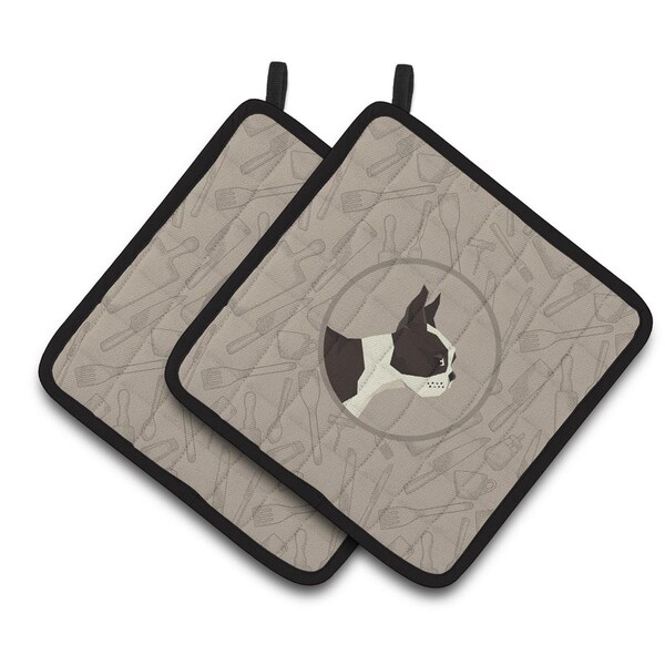 Carolines Treasures Boston Terrier In the Kitchen Pair of Pot Holders - CK2172PTHD