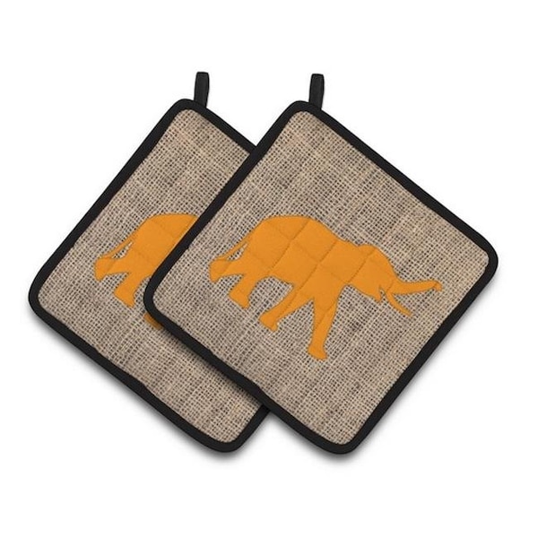 Carolines Treasures Carolines Treasures BB1011-BL-OR-PTHD Elephant Faux Burlap & Orange Pair of Pot Holders; 7.5 x 3 x 7.5 in. - BB1011-BL-OR-PTHD