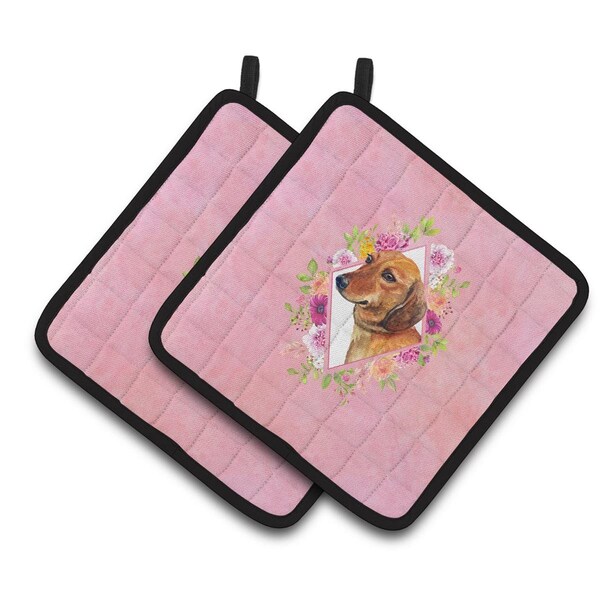 Carolines Treasures 7.5 x 7.5 in. Dachshund Red No.1 Pink Flowers Pair of Pot Holders - CK4134PTHD