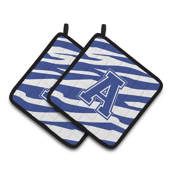 Carolines Treasures Letter A Monogram - Blue White Tiger Stripe Pair of Pot Holders, 7.5 x 3 x 7.5 in. - CJ1034-APTHD