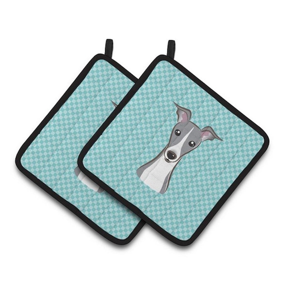 Carolines Treasures Checkerboard Blue Italian Greyhound Pair of Pot Holders, 7.5 x 3 x 7.5 in. - BB1174PTHD