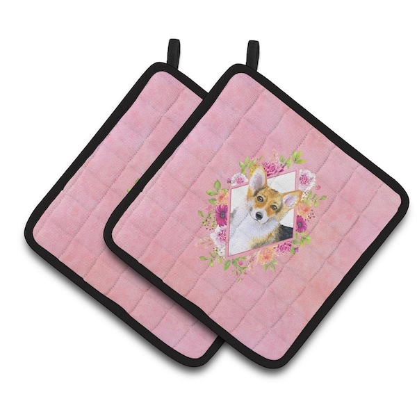 Carolines Treasures 7.5 x 7.5 in. Corgi Pink Flowers Pair of Pot Holders - CK4167PTHD