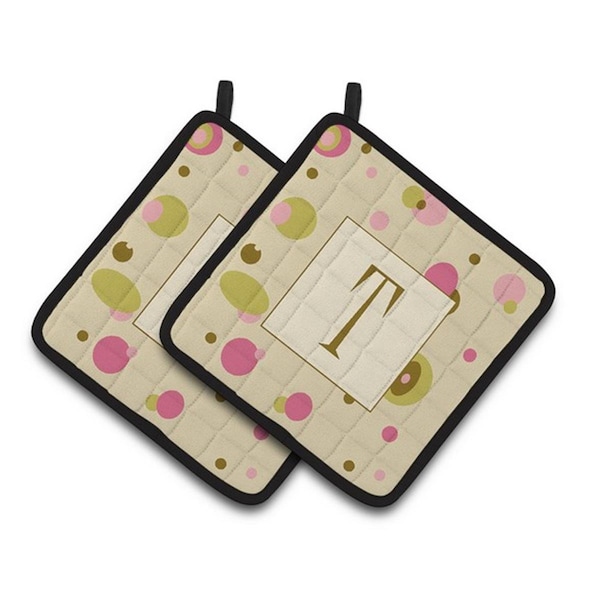 Carolines Treasures Letter T Initial Monogram - Tan Dots Pair of Pot Holders, 7.5 x 3 x 7.5 in. - CJ1004-TPTHD