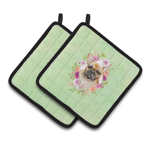 Carolines Treasures 7.5 x 7.5 in. Fawn French Bulldog Green Flowers Pair of Pot Holders - CK4304PTHD